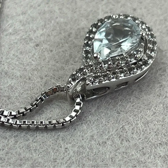Aquamarine Teardrop Pendant Necklace White Topaz Sterling Silver 16” Chain - Picture 7 of 12